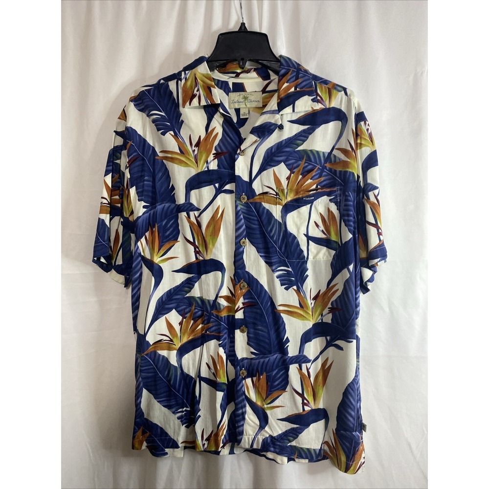 Island Shores Hawaiian Shirt Mens Medium White Blue Bird of Paradise Rayon Exc